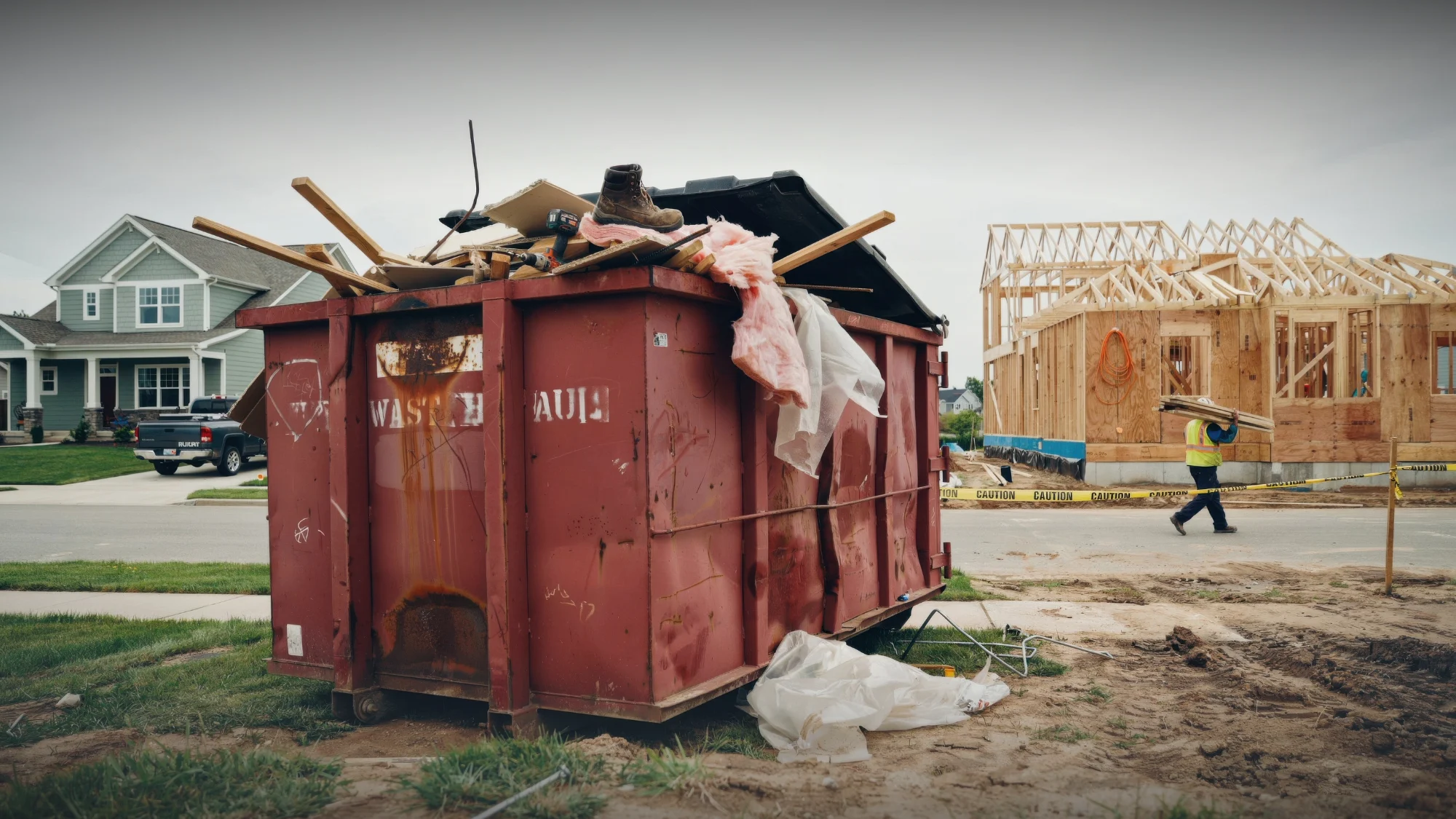 A contractor dumpster rental in CT filled with construction debris.